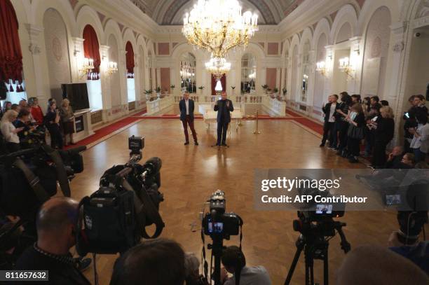 Director of the Bolshoi Ballet Makhar Vaziev and the Bolshoi theatre general director Vladimir Urin give a press conference on the postponement of...