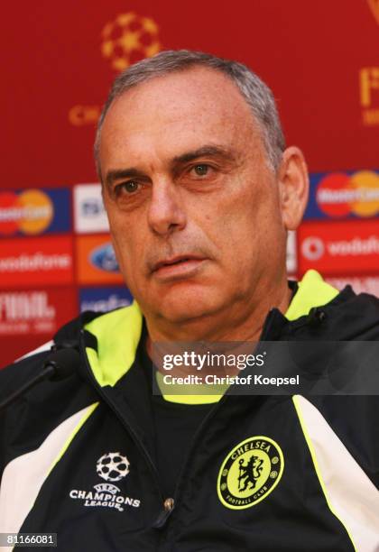 Avram Grant, the Chelsea manager faces the media during the Chelsea press conference ahead of the Champions League Final at the Luzhniki Stadium on...