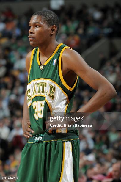 Kevin Durant of the Seattle SuperSonics looks across the court during the game against the Boston Celtics on March 12, 2008 at TD Banknorth Garden in...