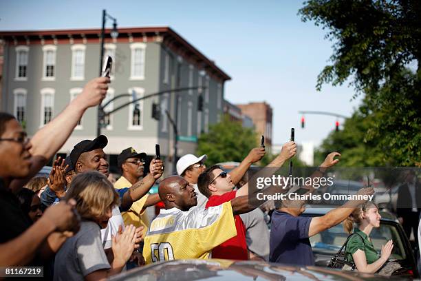 Democratic presidential hopeful Sen. Barack Obama greets people gathered outside of the Raleigh Times Bar May 6, 2008 in Raleigh, North Carolina....