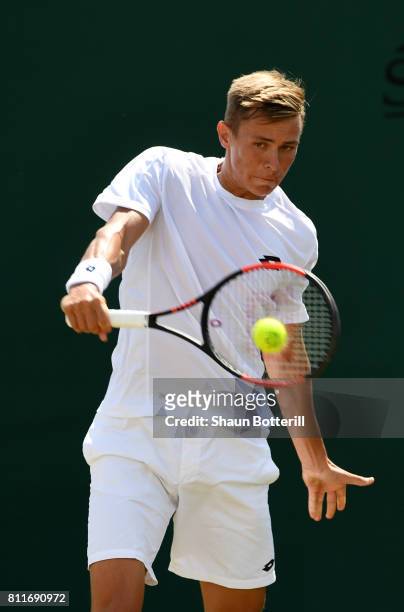Matteo Martineau of France plays a backhand during the Boy's Singles first round match against Siddhant Banthia of India on day seven of the...