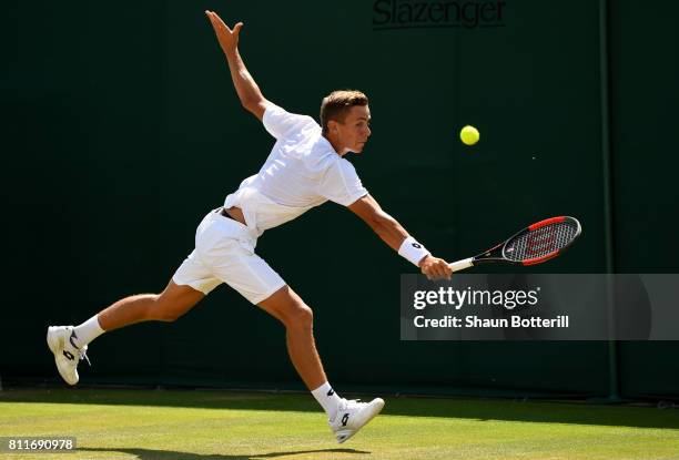 Matteo Martineau of France plays a backhand during the Boy's Singles first round match against Siddhant Banthia of India on day seven of the...