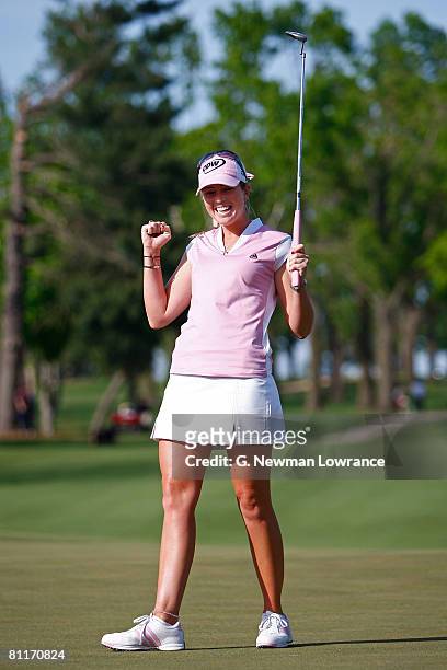 Paula Creamer reacts after making the winning putt on the 2nd playoff hole during the final round of the SemGroup Championship presented by John Q....