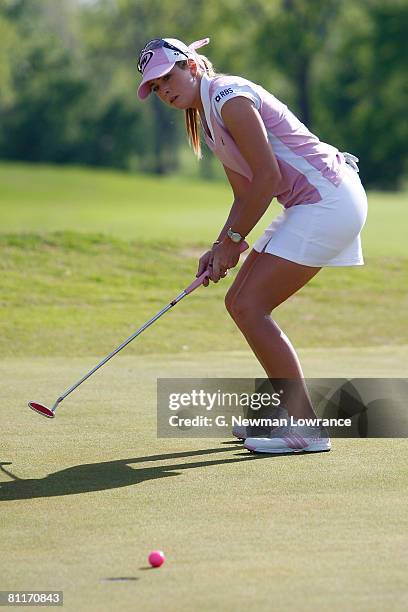 Paula Creamer reacts to her putt during the final round of the SemGroup Championship presented by John Q. Hammons on May 4, 2008 at Cedar Ridge...