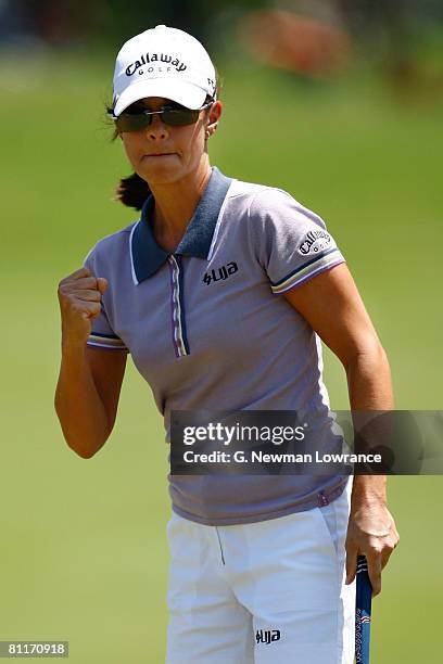 Leta Lindley reacts after making a birdy putt on the 1st hole during the final round of the SemGroup Championship presented by John Q. Hammons on May...