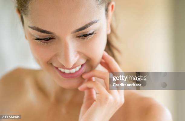 beauty portrait of a woman in the bathroom - no make up stock pictures, royalty-free photos & images