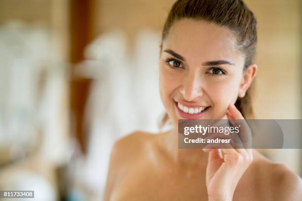 beauty portrait of a woman in the bathroom - no make up stock pictures, royalty-free photos & images