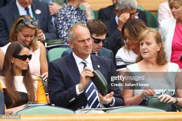 Sir Steve Redgrave looks on from the centre court royal box on day seven of the Wimbledon Lawn Tennis Championships at the All England Lawn Tennis...