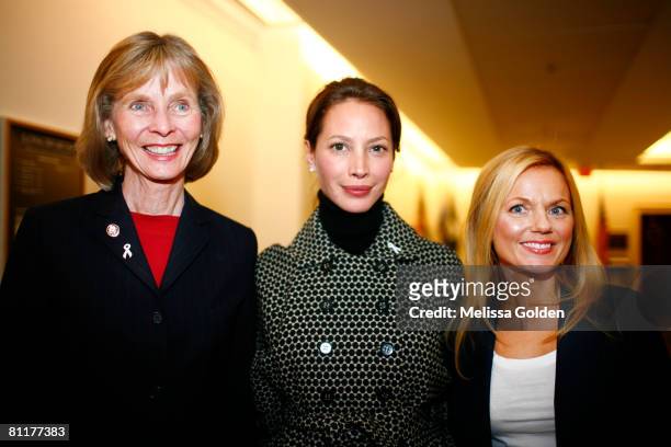 Congresswoman Lois Capps poses with Christy Turlington Burns and Geri Halliwell prior to a news conference on global maternal issues at the Longworth...