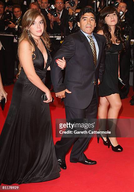 Diego Maradona and Daughters Dalma Nerea and Giannina Dinorah attends the 'Maradona' Premiere at the Palais des Festivals during the 61st...