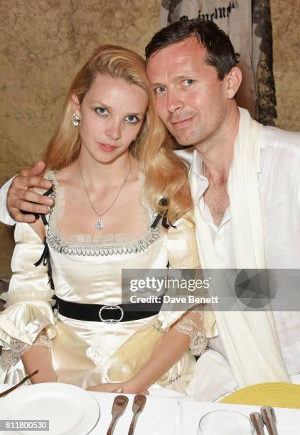 Greta Bellamacina and Robert Montgomery pose at their wedding on July 8, 2017 in Exeter, England.