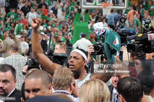 Paul Pierce of the Boston Celtics celebrates after defeating the Cleveland Cavaliers in Game Seven of the Eastern Conference Semifinals during the...