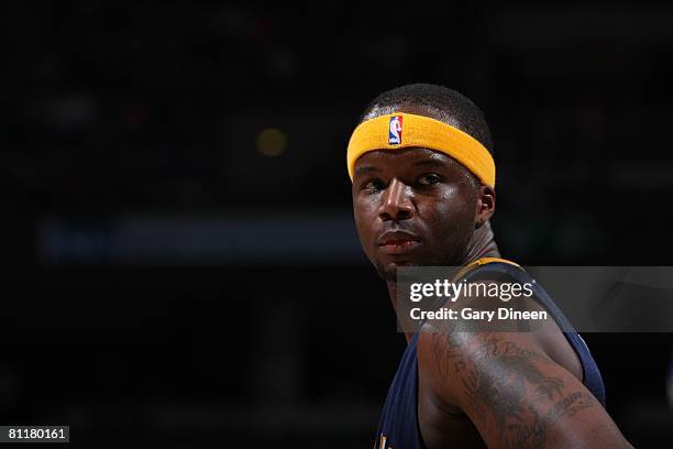 Jermaine O'Neal of the Indiana Pacers looks on during the game against the Milwaukee Bucks on April 4, 2008 at the Bradley Center in Milwaukee,...