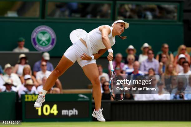 Ana Konjuh of Croatia serves during the Ladies Singles fourth round match against Venus Williams of The United States on day seven of the Wimbledon...