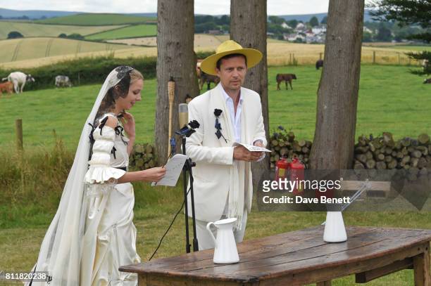 Greta Bellamacina and Robert Montgomery speak at their wedding on July 8, 2017 in Exeter, England.