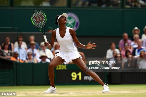 Venus Williams of The United States watches the ball during the Ladies Singles fourth round match against Ana Konjuh of Croatia on day seven of the...