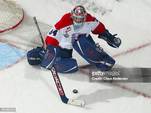 Dustin Tokarski of the Spokane Chiefs stops a shot against the Gatineau Olympiques in Game 5 of Memorial Cup round robin on May 20, 2008 at the...