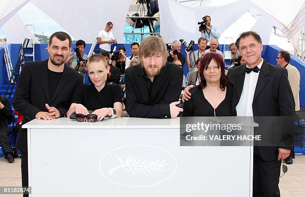 Hungarian director Kornel Mundruczo poses with actors Orsi Toth, Felix Lajko, Lili Monori and Sandor Gaspar during a photocall for their film 'Delta'...