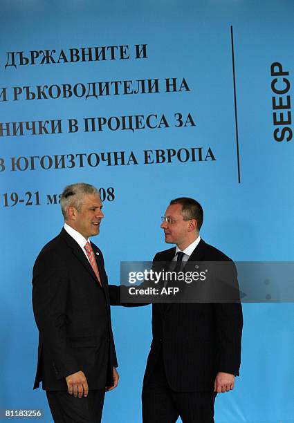 Bulgarian Prime Minister Sergey Stanishev greets Serbian President Boris Tadic prior the 11th meeting of foreign ministers and heads of state and...