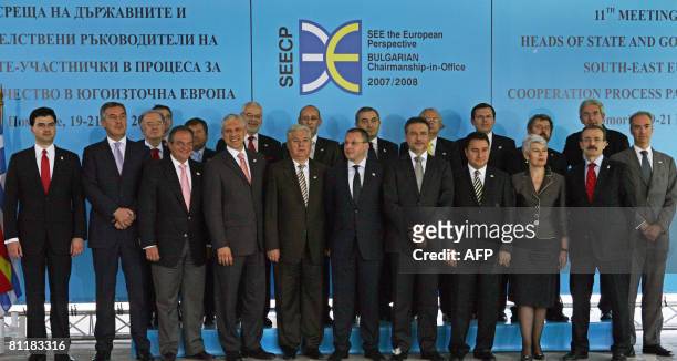 Bulgarian Prime Minister Sergey Stanishev is flanked by foreign ministers and heads of state and government of the South-East European Cooperation...