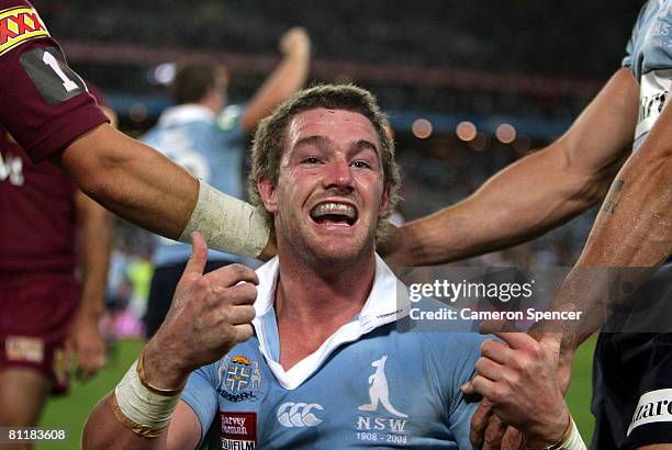 Anthony Quinn of the Blues celebrates scoring his second try during match one of the ARL State of Origin series between the New South Wales Blues and...