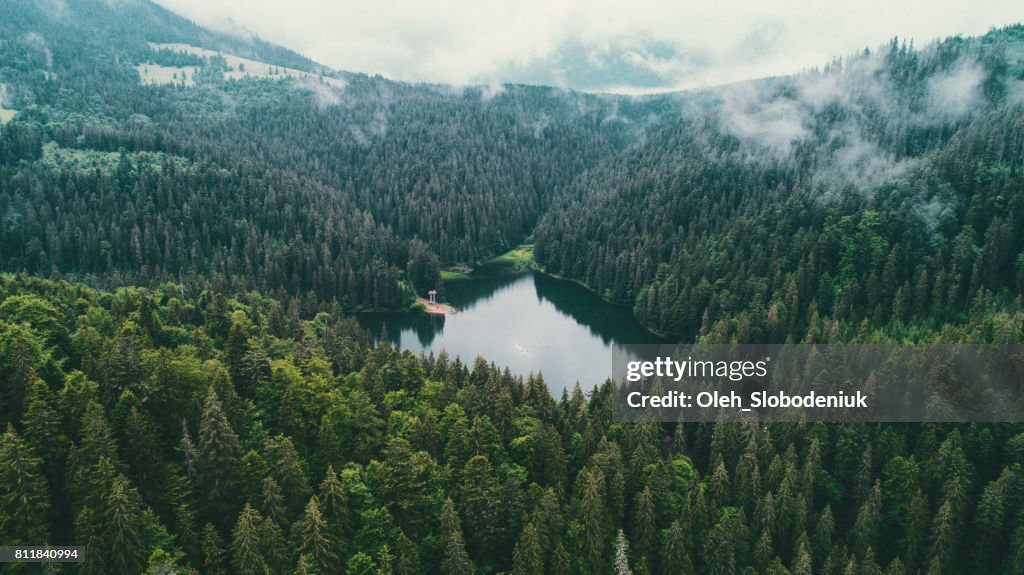 Aerial view of Synevir lake in the  Carpathian Mountains in Ukraine