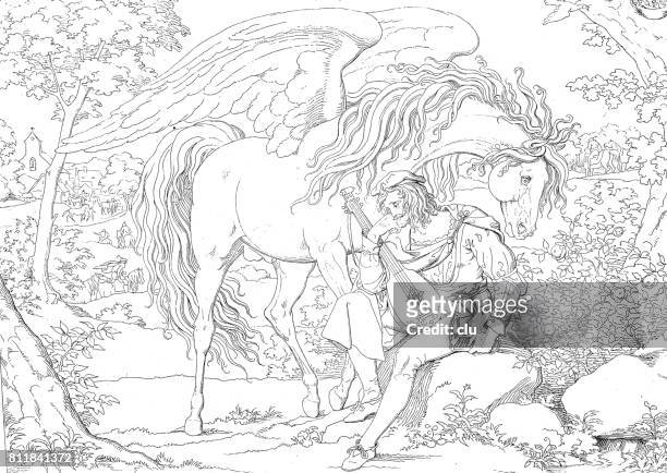 poet with mandolin sitting on a stone next to his horse with wings, pegasus - pegasus stock illustrations