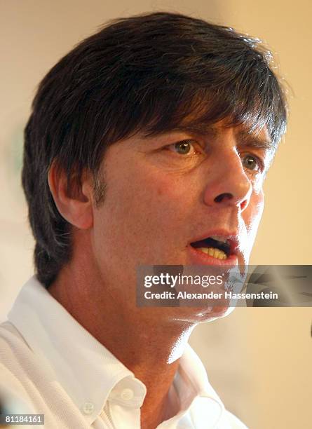 Joachim Loew, head coach of the German national team, speaks to the media during a press conference at the Son Moix stadium on May 21, 2008 in...