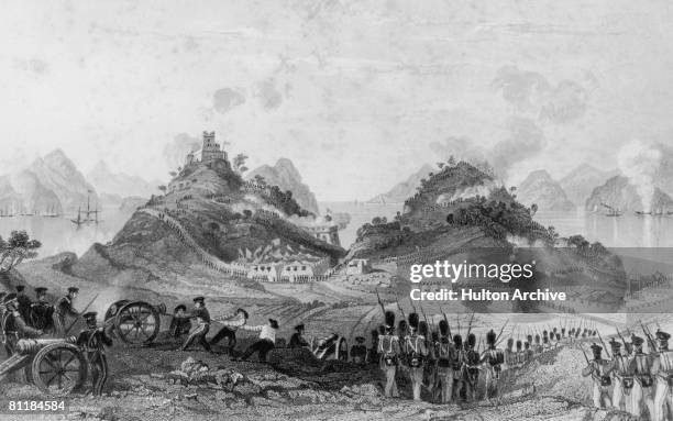 The British attack and capture Chuenpeh, an island on the Pearl River in southern China, at the start of the First Opium War, circa 1839. Engraving...