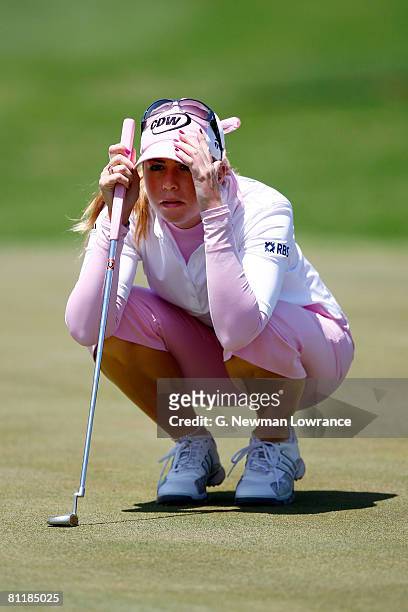 Paula Creamer lines up her putt during the third round of the SemGroup Championship presented by John Q. Hammons on May 3, 2008 at Cedar Ridge...