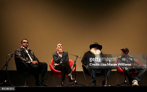Michael Long, Pete Postlethwaite, Patrick Dodson and Archie Roach appear on stage during a preview of 'Liyarn Ngarn' at the Sydney Writers Festival...