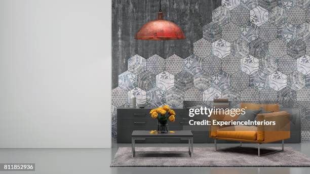 living room interior with orange armchair - interior design wall stock pictures, royalty-free photos & images