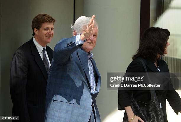 Senator Edward "Ted" M. Kennedy leaves Massachusetts General Hospital with his son U.S. Rep. Patrick Kennedy and wife Vicki Kennedy May 21, 2008 in...