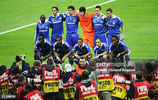 The Chelsea team line up for the cameras prior to kickoff during the UEFA Champions League Final match between Manchester United and Chelsea at the...