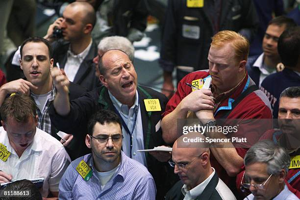 Traders work in the energy options pit on the floor of the New York Mercantile Exchange May 21, 2008 in New York City. Oil Prices have jumped past...