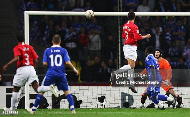 Cristiano Ronaldo of Manchester United heads the opening goal during the UEFA Champions League Final match between Manchester United and Chelsea at...