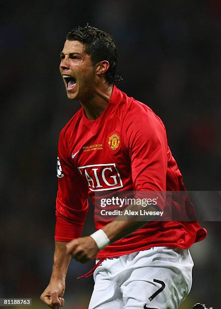 Cristiano Ronaldo of Manchester United celebrates after scoring the opening goal during the UEFA Champions League Final match between Manchester...