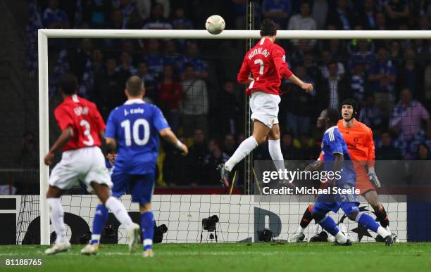 Cristiano Ronaldo of Manchester United heads the opening goal during the UEFA Champions League Final match between Manchester United and Chelsea at...