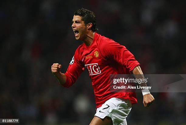 Cristiano Ronaldo of Manchester United celebrates after scoring the opening goal during the UEFA Champions League Final match between Manchester...