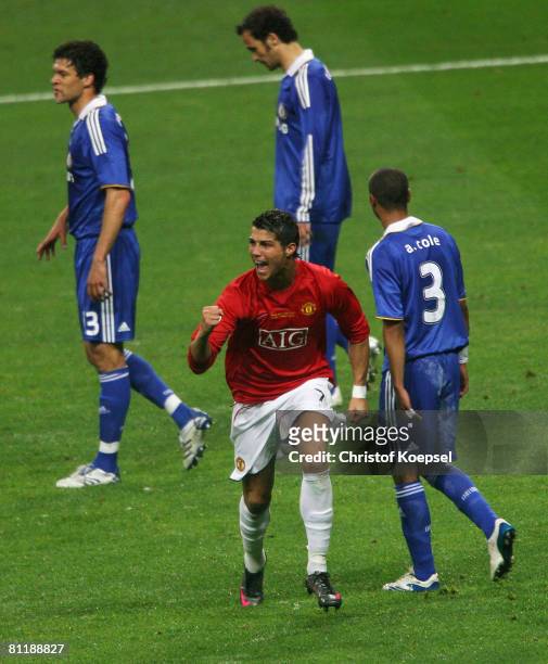 Cristiano Ronaldo of Manchester United celebrates after scoring the opening goal during the UEFA Champions League Final match between Manchester...