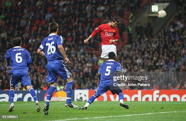 Cristiano Ronaldo of Manchester United scores their first goal during the UEFA Champions League Final match between Manchester United and Chelsea at...