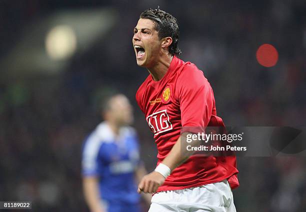 Cristiano Ronaldo of Manchester United celebrates scoring their first goal during the UEFA Champions League Final match between Manchester United and...