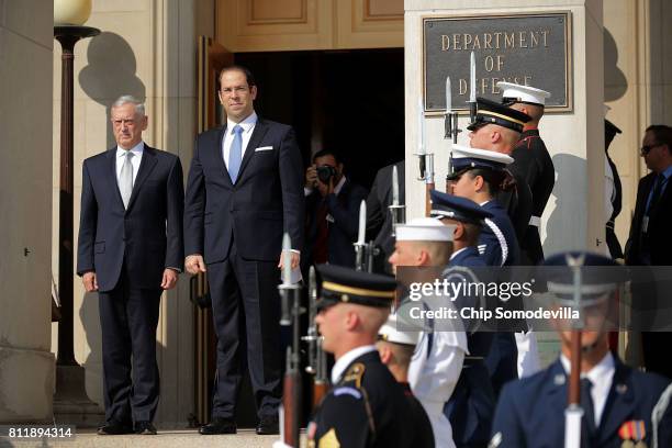 Secretary of Defense James Mattis welcomes Tunisian Prime Minister Youssef Chahed during an honor cordon ceremony at the Pentagon July 10, 2017 in...