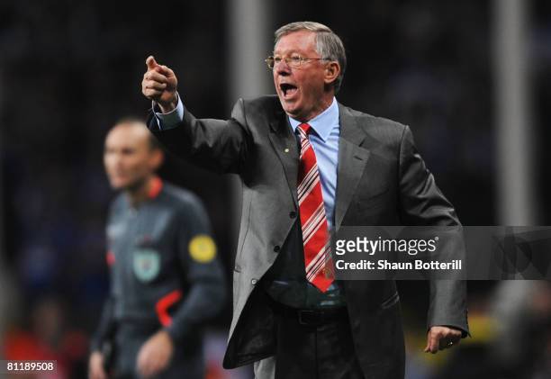 Sir Alex Ferguson, the Manchester United manager directs his players during the UEFA Champions League Final match between Manchester United and...