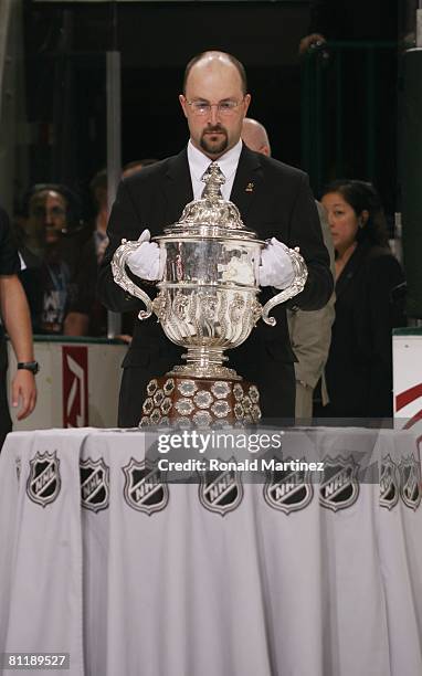 The Clarence S. Campbell Bowl is brought out to be presented to the Detroit Red Wings after eliminating the Dallas Stars in game six of the Western...