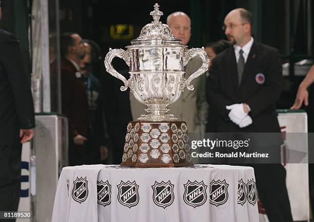 The Clarence S. Campbell Bowl is brought out to be presented to the Detroit Red Wings after eliminating the Dallas Stars in game six of the Western...