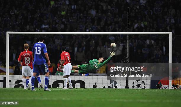 The beaten Edwin Van der Sar of Manchester United is saved by the post during the UEFA Champions League Final match between Manchester United and...