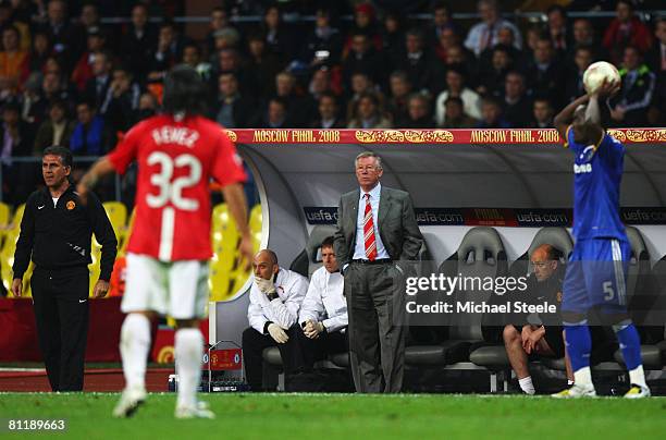 Sir Alex Ferguson, the Manchester United manager watches the action from the bench during the UEFA Champions League Final match between Manchester...