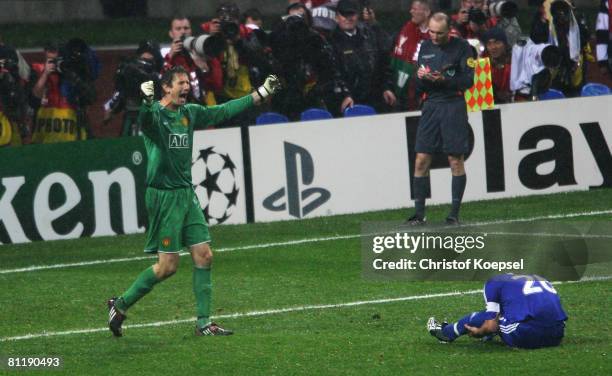 Edwin Van der Sar of Manchester United celebrates after John Terry of Chelsea misses a penalty during the UEFA Champions League Final match between...
