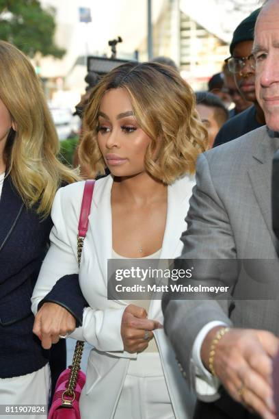 Lisa Bloom holds a pre-court hearing press conference with her client Blac Chyna at Los Angeles Superior Court on July 10, 2017 in Los Angeles,...